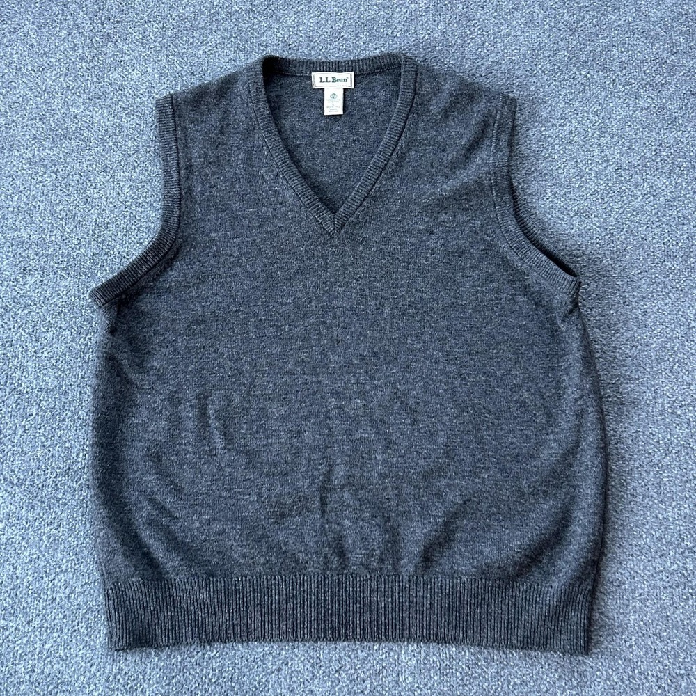 LL Bean Sweater Vest Mens Large Tall Grey Knit Lambs wool V Neck Scotland VTG